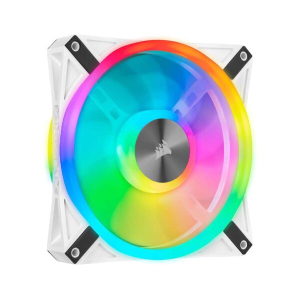 Corsair QL140 RGB Blanc – Ventilateur 140 mm avec LEDs RGB, 1250 RPM, disponible sur composant.ma pour refroidissement PC gamer.