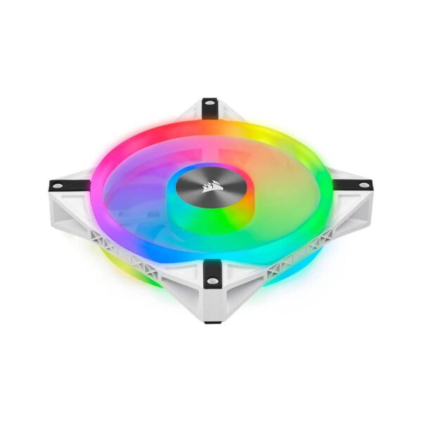 Corsair QL140 RGB Blanc – Ventilateur 140 mm avec LEDs RGB, 1250 RPM, disponible sur composant.ma pour refroidissement PC gamer.