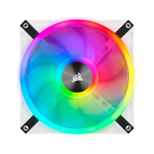 Corsair QL140 RGB Blanc – Ventilateur 140 mm avec LEDs RGB, 1250 RPM, disponible sur composant.ma pour refroidissement PC gamer.