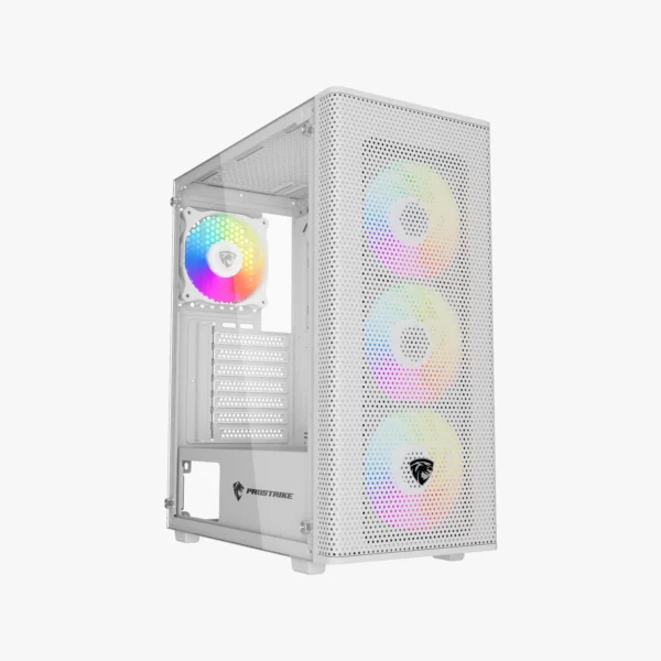 PROSTRIKE SPYDER White - Boîtier gaming avec façade mesh, 4 ventilateurs RGB et panneau en verre trempé disponible sur composants.ma